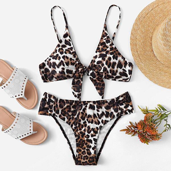 

Leopard Tie Front Top With Ruched Bikini Set, Multicolor
