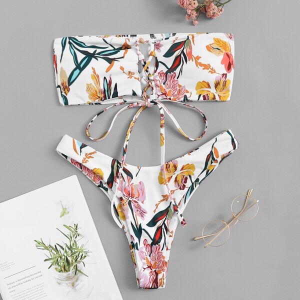 

Random Floral Lace-up Bandeau With High Cut Bikini, Multicolor