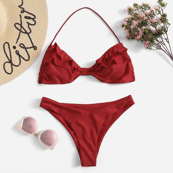 

Ruffle Front Halter Bikini Set