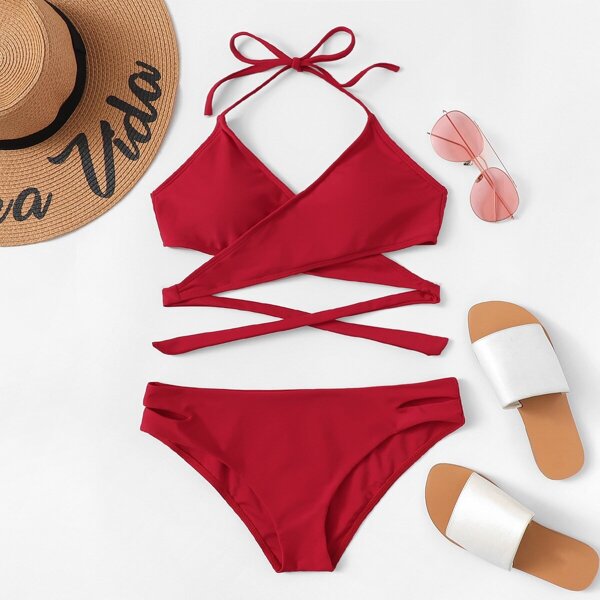 

Wrap Halter Top With Cut-out Bikini Set, Red