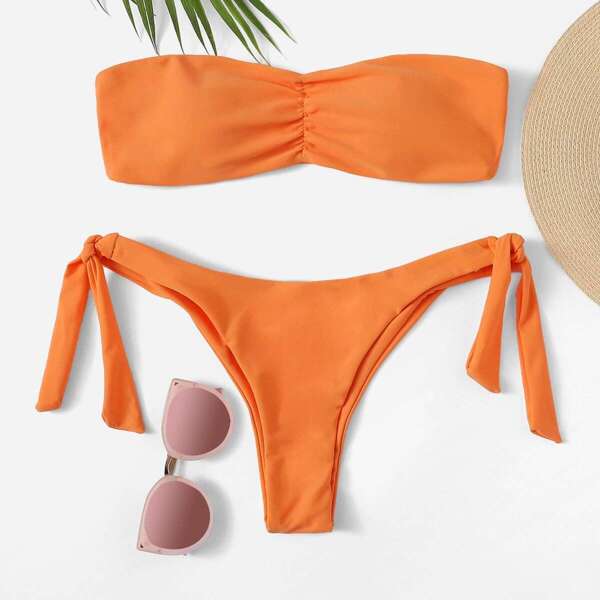 

Ruched Bandeau With Tie Side Bikini Set