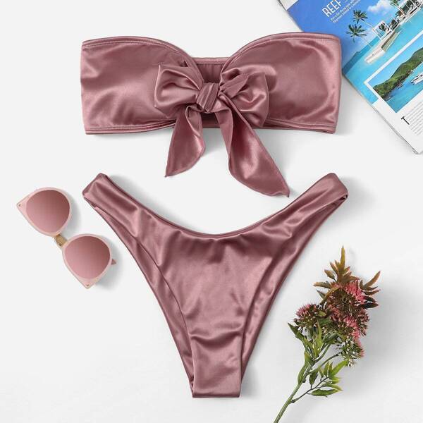 

Bow Tie Satin Bandeau With High Cut Bikini