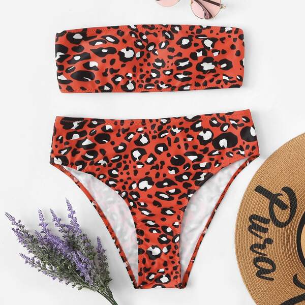 

Leopard Lace-up Bandeau With High Waist Bikini Set