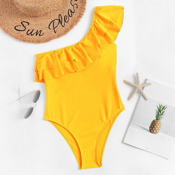 

One Shoulder Ruffle One Piece Swimsuit
