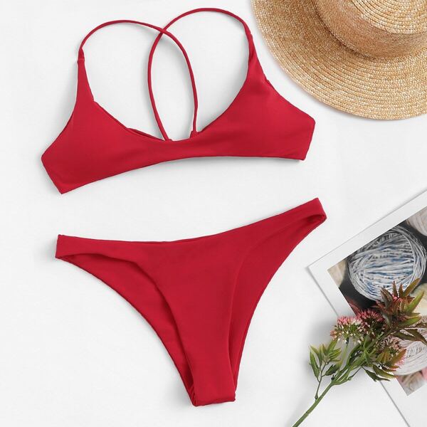 

Criss Cross Top With High Cut Bikini Set, Red