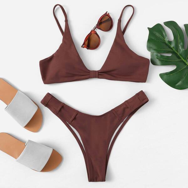 

Knot Front Top With High Leg Bikini Set, Brown