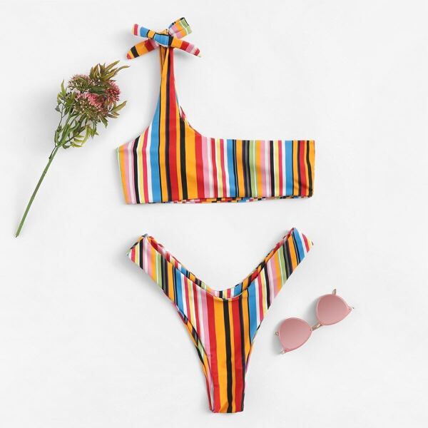 

Striped One Shoulder Top With High Cut Bikini
