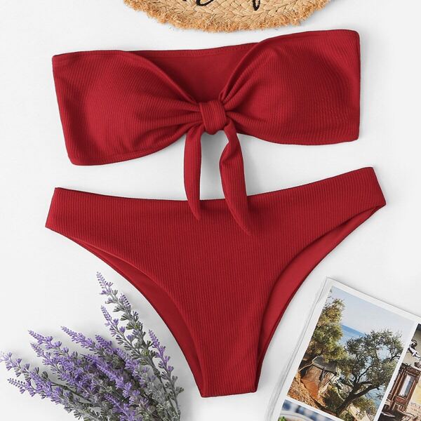 

Ribbed Knot Front Bandeau Bikini Set, Red