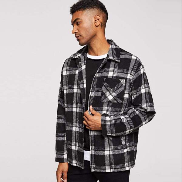 

Men Button Up Pocket Front Plaid Jacket