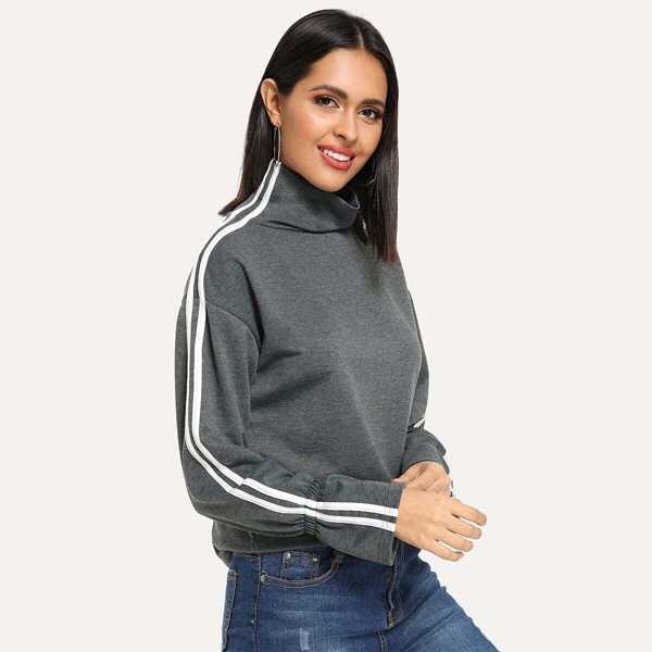 

High Neck Contrast Striped Tape Side Sweatshirt, Grey