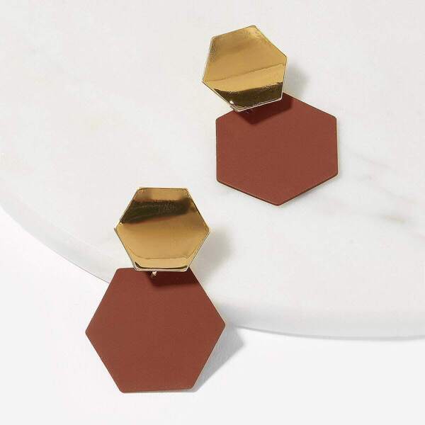 

Double Hexagon Drop Earrings 1pair, Brown