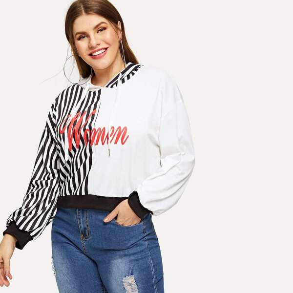 

Plus Stripe & Letter Print Hoodie, Black and white