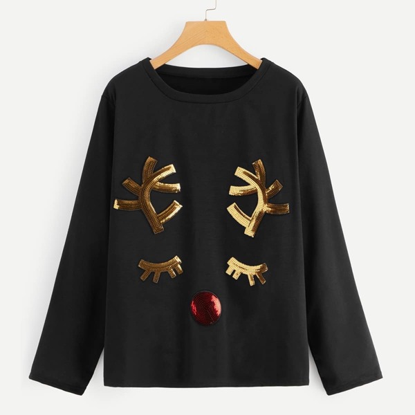

Plus Contrast Sequin Christmas Print Tee, Black