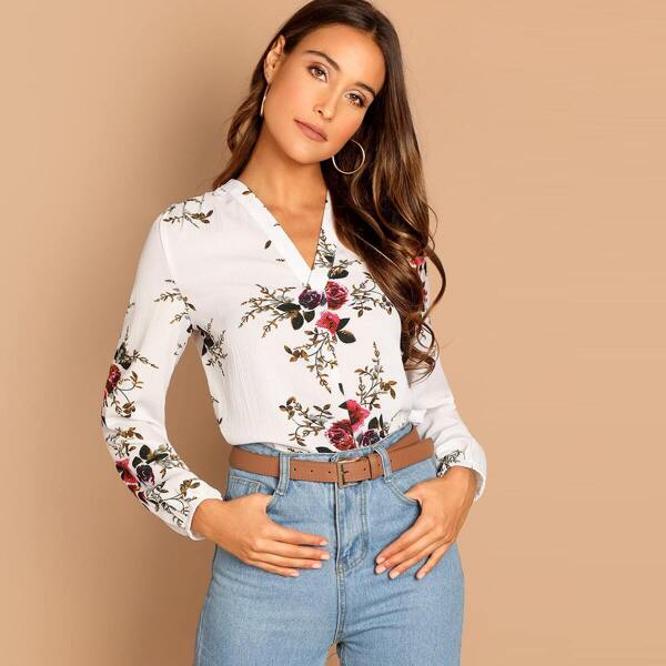 

V Neck Floral Print Top, White