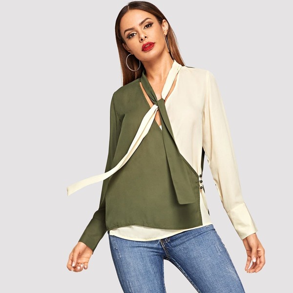 

Two Tone Tie Neck Surplice Shirt