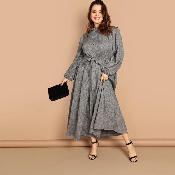 

Plus Ruffle Detail Button Belted Dress, Grey