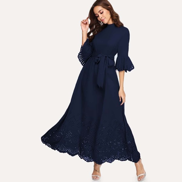 

Scallop Edge Laser Cut Belted Maxi Dress, Navy