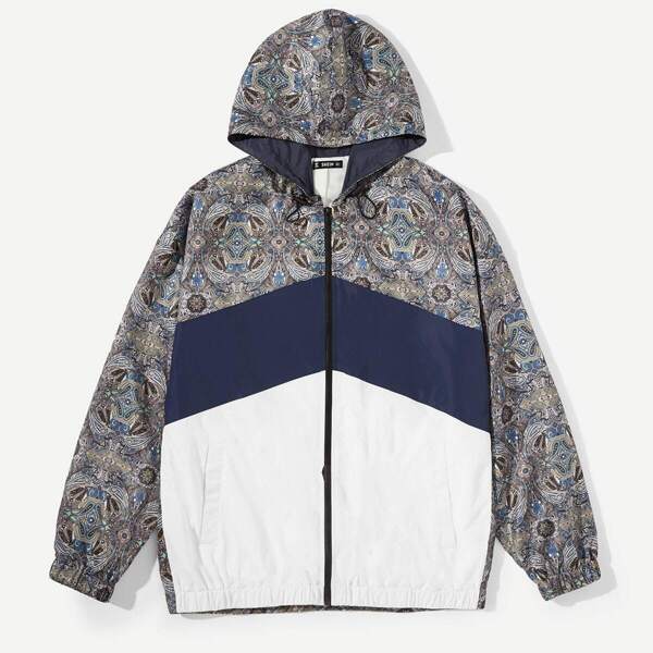 

Men Zip Up Hooded Color-Block Jacket