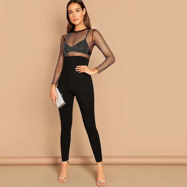 

Rhinestone Beaded Mesh Bodice Jumpsuit Without Bra