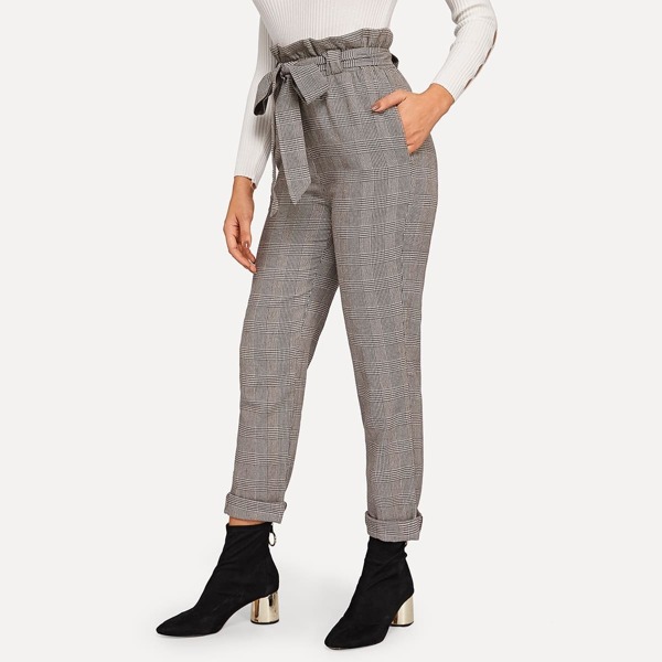 

Frilled Tie Waist Plaid Pants