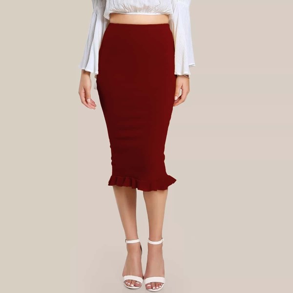 

Split Ruffle Hem Pencil Skirt, Burgundy