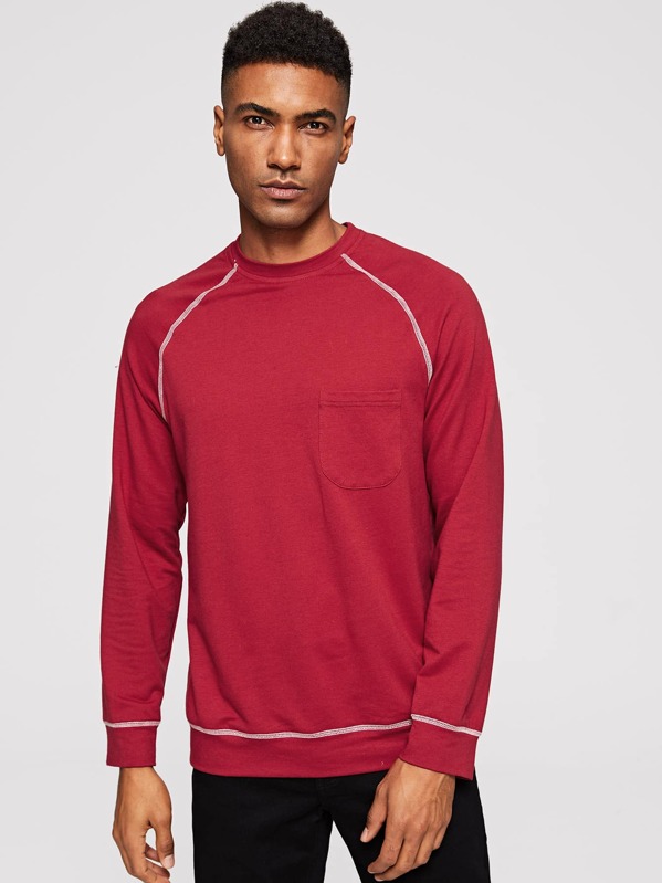 

Men Crew Neck Pocket Front Raglan Sleeve Pullover, Burgundy, Johnn Silva
