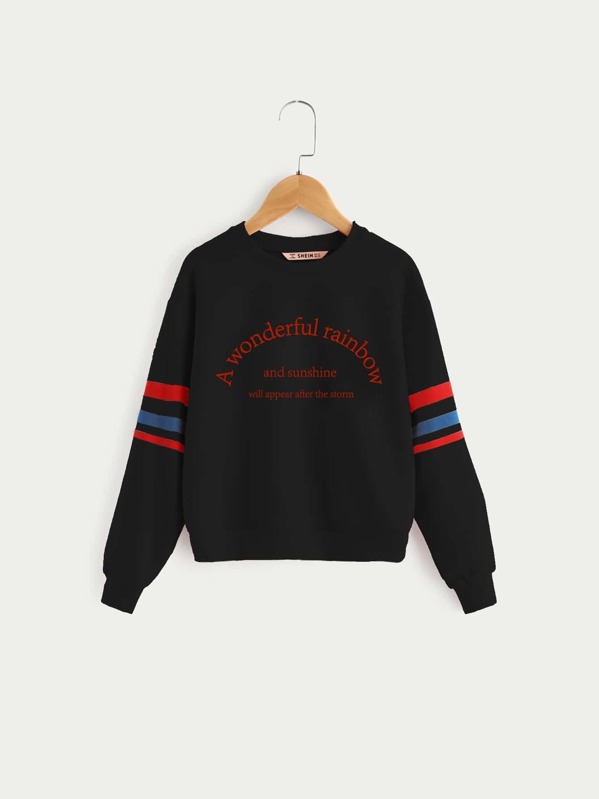 

Girls Letter Print Striped Sleeve Pullover, Black
