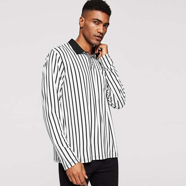 

Men Contrast Collar Pocket Patched Striped Polo Shirt