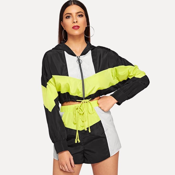 

Colorblock Drawstring Hem Hooded Jacket and Shorts Set, Multicolor