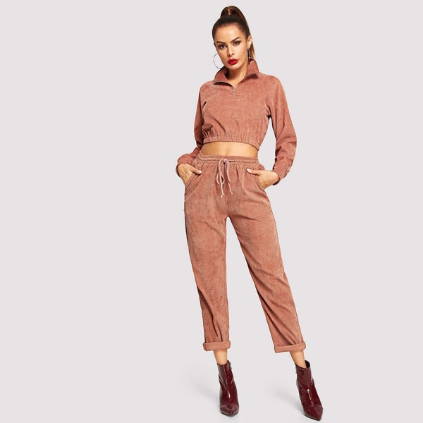 

Zip Half Placket Corduroy Utility Pullover & Pants Set