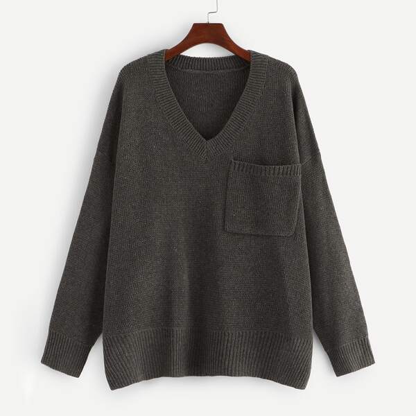 

Plus Pocket Patched V Neck Sweater