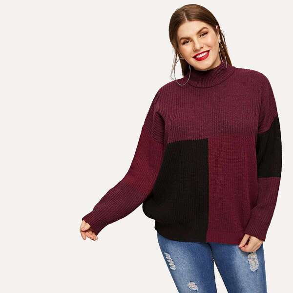 

Plus Mock-neck Color-block Sweater