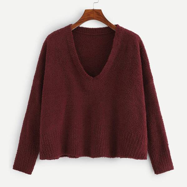 

V Neck Solid Fuzzy Jumper