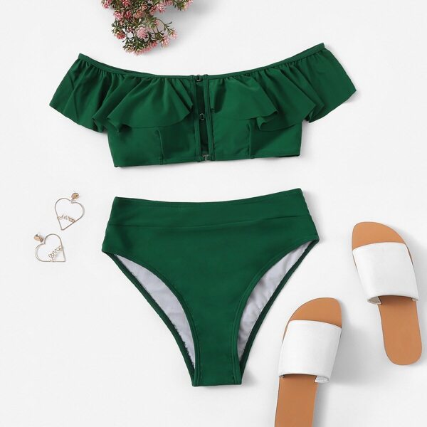 

Ruffle Off the Shoulder Top With High Waist Bikini, Green