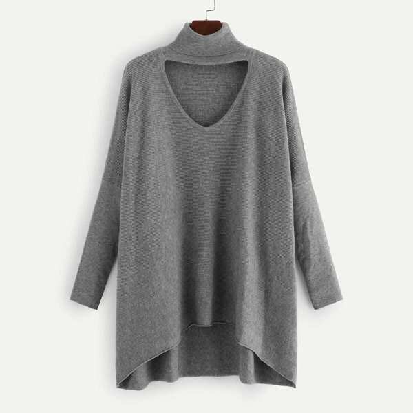 

V-cut Choker Neck Dip Hem Sweater, Grey