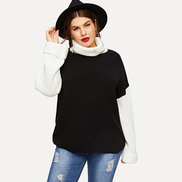 

Plus Two-tone Drop Shoulder Sweater, Black and white
