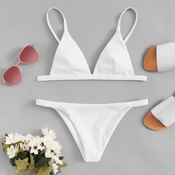 

Textured Plunging Top With Triangle Panty Bikini, White