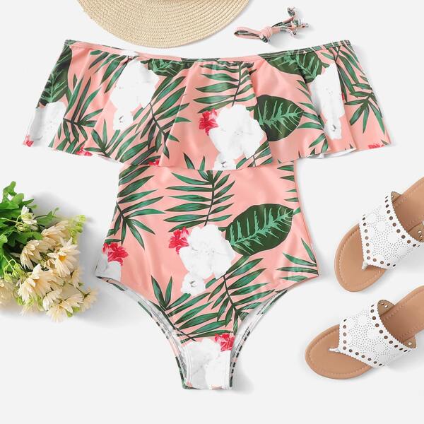 

Tropical Print Ruffle Trim One Piece Swimsuit