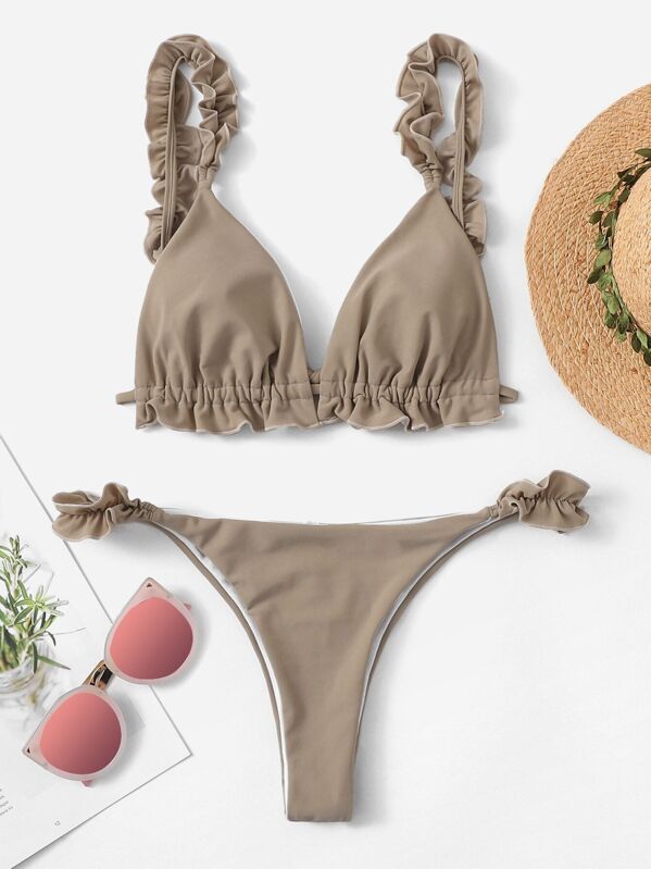 

Frill Trim Top With Tanga Bikini Set, Khaki