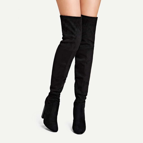 

Plain Thigh High Block Heeled Boots, Black