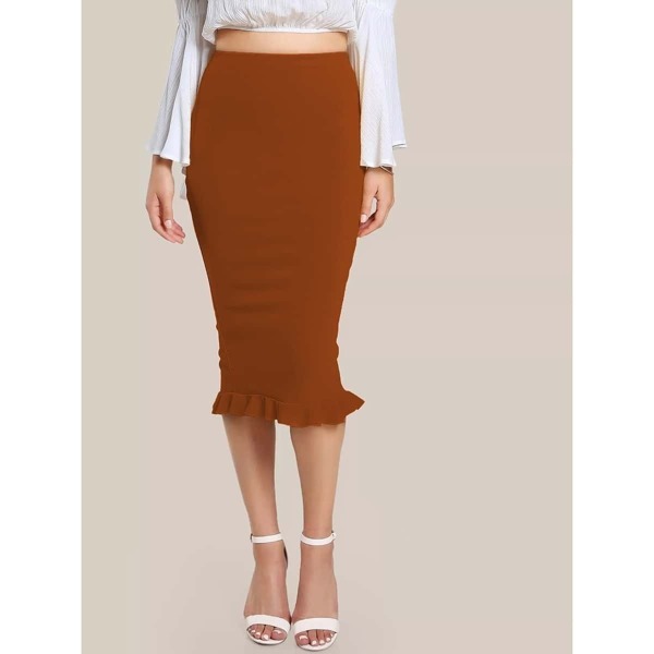 

Split Ruffle Hem Pencil Skirt, Brown