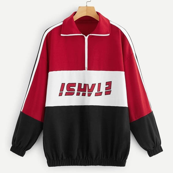 

Zip Half Placket Colorblock Letter Sweatshirt