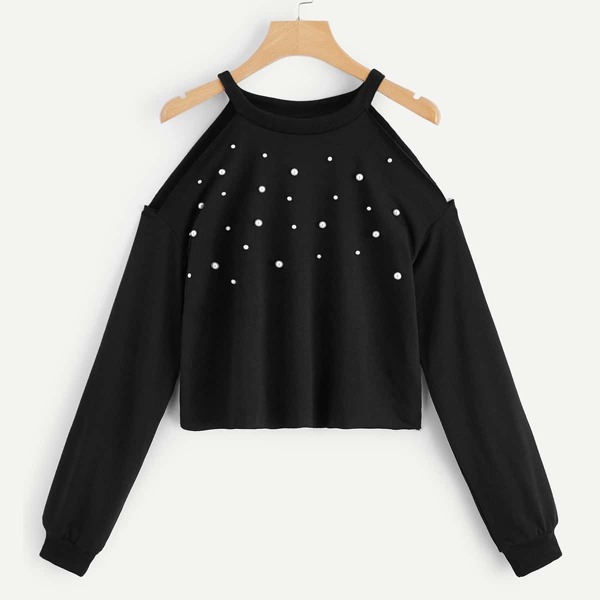 

Cold Shoulder Pearl Embellished Pullover