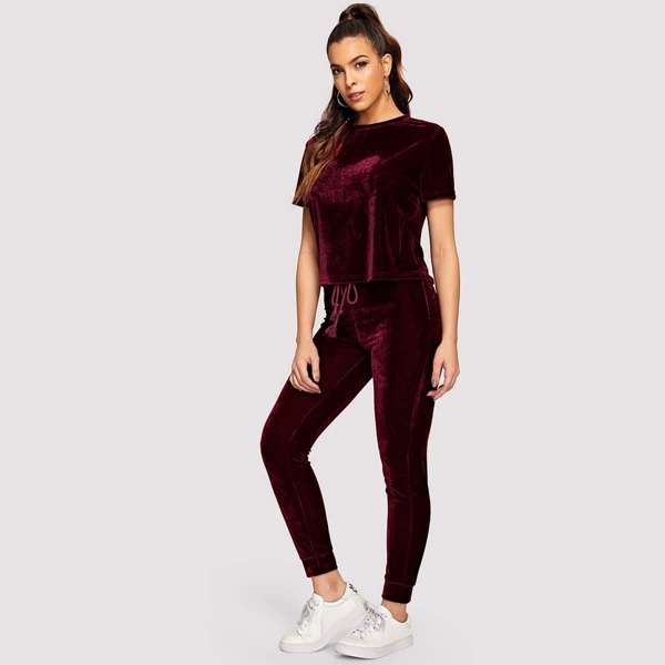 

Solid Velvet Tee & Drawstring Waist Pants Set