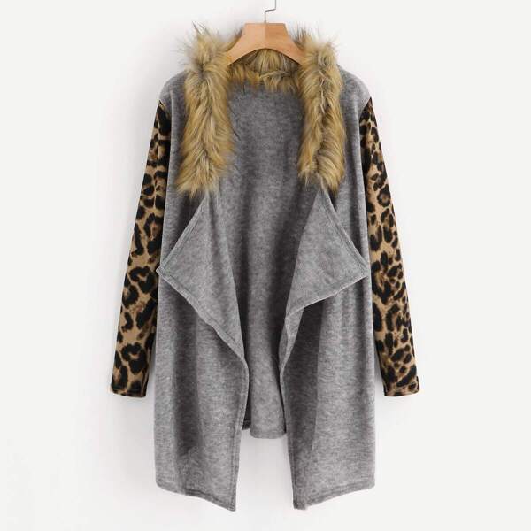 

Contrast Faux Fur Cheetah Print Cardigan