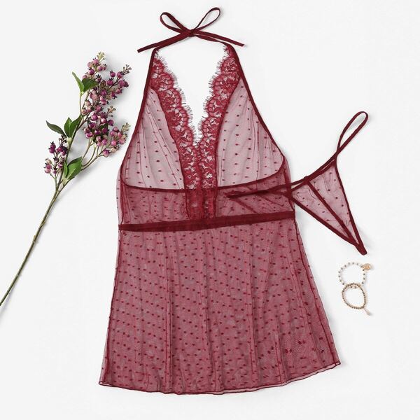 

Plus Scalloped Trim Eyelash Lace Dress With Thong, Burgundy