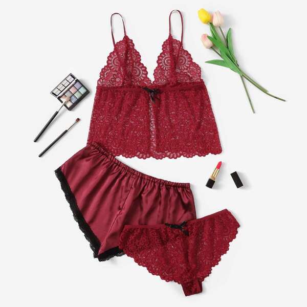 

Plus Satin Shorts & Cami Top & Panty 3pack, Burgundy