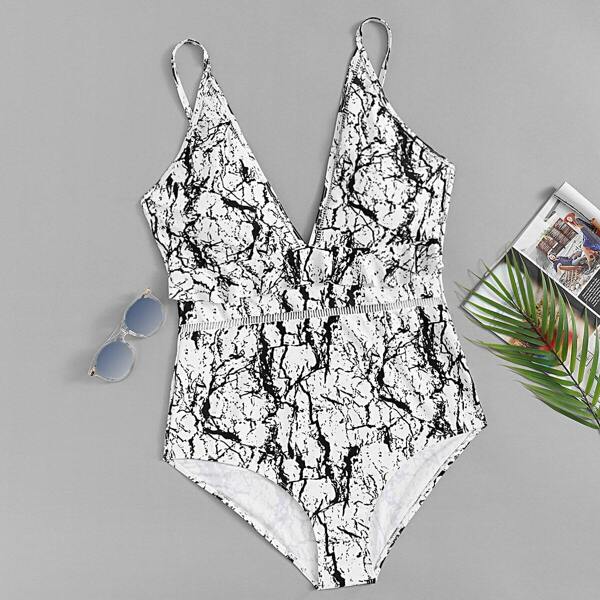 

Plus Marble Print Cutout One Piece Swimsuit, Black and white