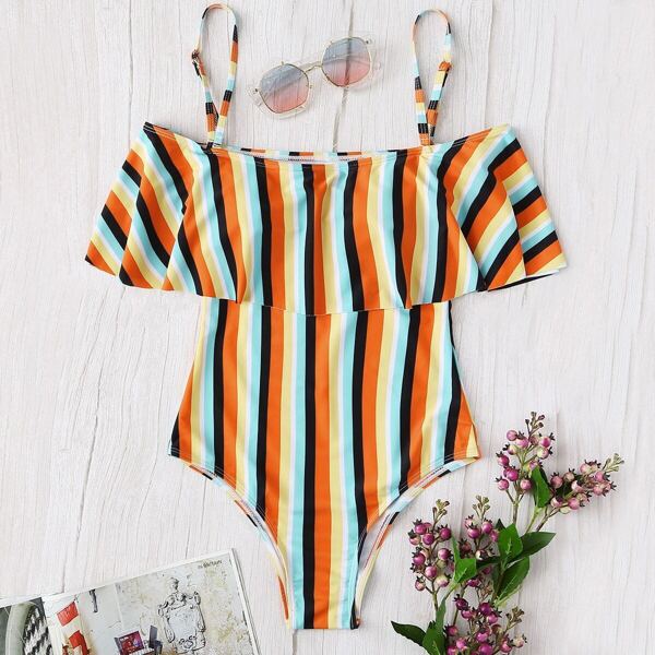 

Plus Striped Flounce One Piece Swimsuit, Multicolor