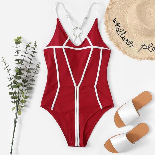 

Plus Ring Linked Contrast Piping One Piece Swim, Red